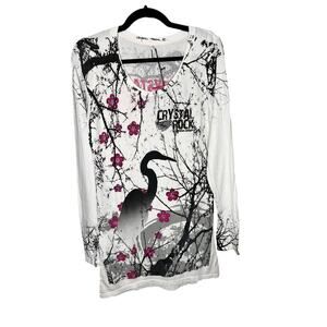 Crystal Rock Womens Crane Graphic T-Shirt Long Sleeve Crewneck White L Y2K